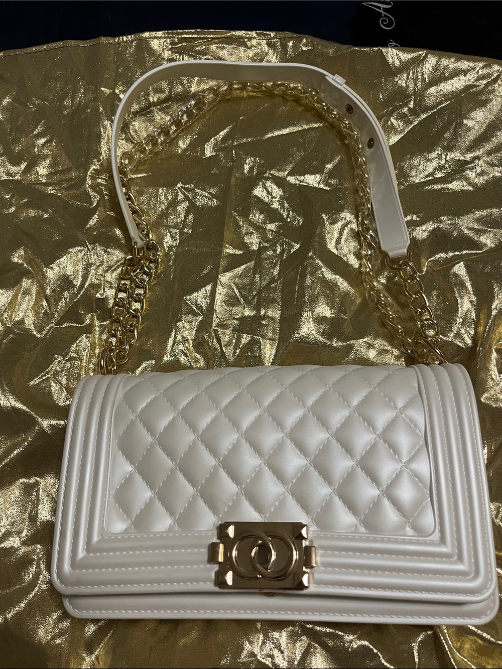 Quilted Silicone White Chain-Handle Shoulder Bag